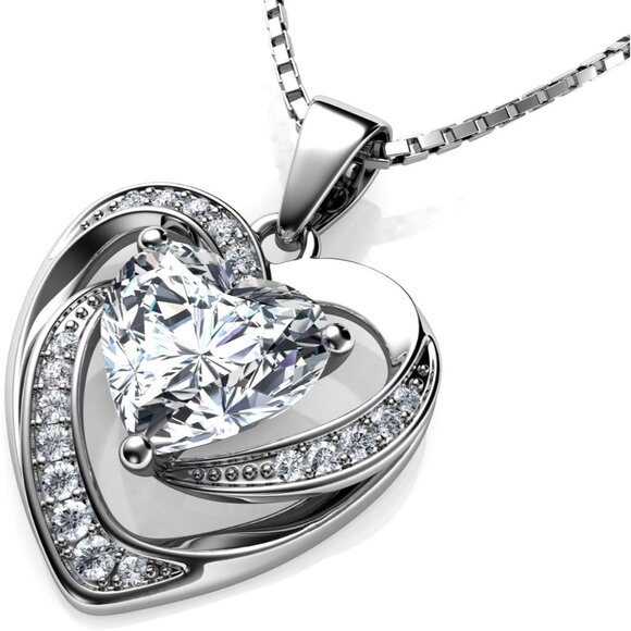 Elegant 925 Sterling Silver Heart Necklace with CZ Crystal - 18" Rhodium Plated - Picture 1 of 6